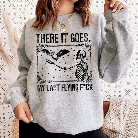 There It Goes My Last Flying Funny Halloween Sweatshirt, Skeleton Bat Sweatshirt, Skeleton Halloween Shirt, Spooky Season Sweatshirt, Retro Skull Shirt