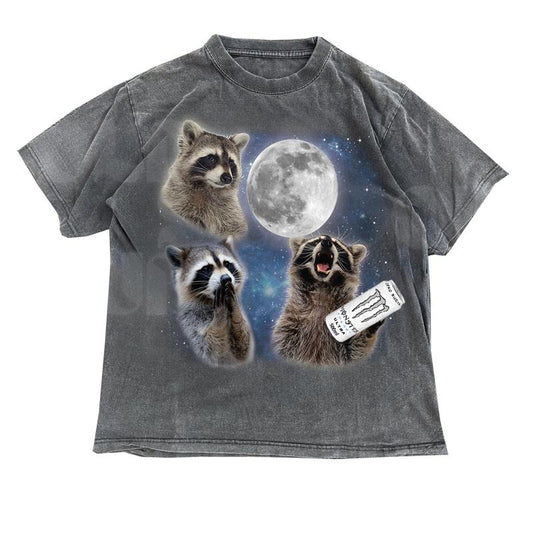Three Raccoons White Monster Retro Graphic T-shirts, Raccoon Lovers, Silly Tee Gifts, Funny summer t-shirts, T-shirt white monster