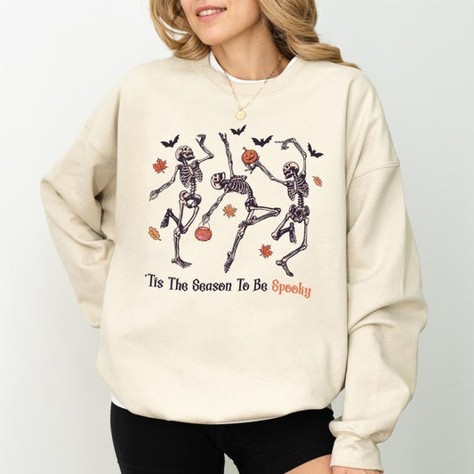 Tis The Season To Be Spooky Dancing Skeleton Sweatshirt, Funny Skeleton Halloween Sweatshirt, Spooky Skeleton Sweater, Scary Halloween Crewneck, Spooky Season Sweater, Comfy Long Sleeve Pullover, Women's Tops, Casual Womenswear, Comfort Fabric Cotton Top