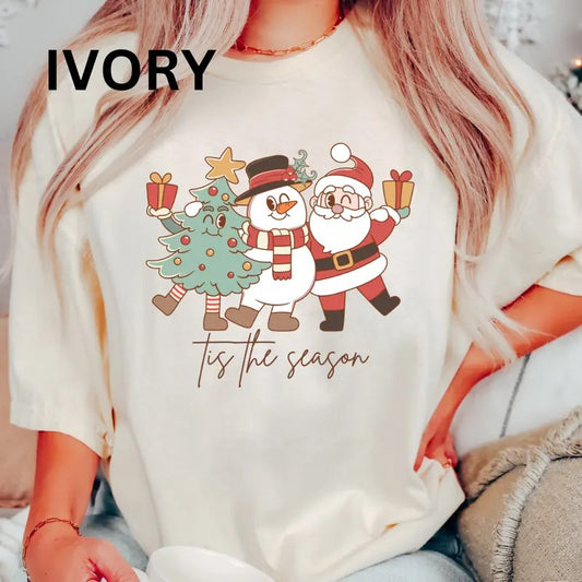 Tis the season Christmas #5 Shirt, Frosty the Snowman Shirt, Christmas Shirt, Comfort Colors Christmas Shirt, COMFORT COLORS T-SHIRT, CASUAL SHIRT UNISEX, CHRISTMAS CLOTHING, GRAPHIC APPAREL, Cotton Fabric Womenswear Top Printed Oversized Women