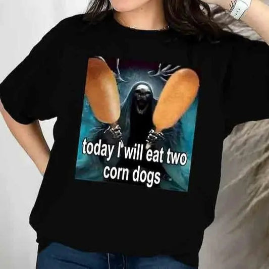 Today I Will Eat Two Corn Dogs Funny Trendy Meme T-shirt, Skeleton Corndog Meme T-Shirt, 100% Cotton, Crew Neck, Slight Stretch, Breathable & Wear-Resistant, All-Season Short Sleeve Tee, Perfect for Outdoor & Daily Fashion