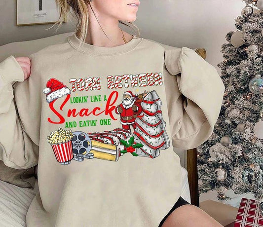 Torn Between Lookin Like A Snack And Eatin One Sweatshirt Ready To Press Torn Between Looking Like A Snack and Eating One Christmas Tree Cake Tee