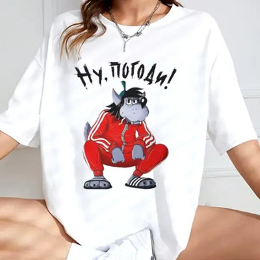 Tracksuit Squat Wolf TShirt Nu Pogodi Well Just You Wait Wolf Hare Cartoon Graphic Tshirts Vintage Funny Short-sleeve Top, All-Season, Perfect for Outdoor & Daily Fashion