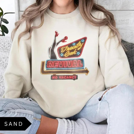 Treaty Oak Revival Sweatshirt - Retro Neon No Vacancy Sign, Featuring -Inspired Graphics, Perfect for Music Lovers and Fans of Classic Americana, Cozy Pullover for Bold Style.