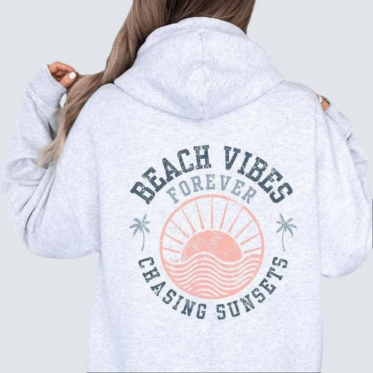 Trendy Beach Hoodie with Words on Back Forever Chasing Sunsets Sweatshirt for Summer Vibes