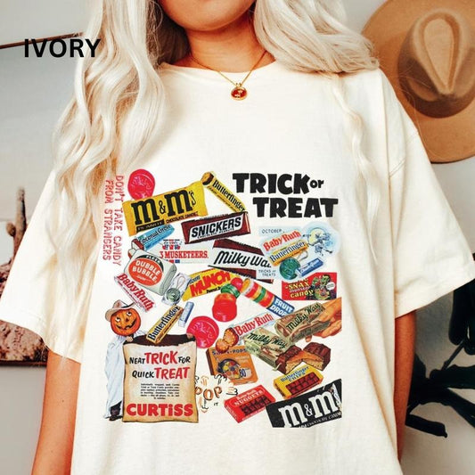 Trick Or Treat Candy Graphic Fall Oversized Womens Halloween shirt, Comfort Colors T-Shirt, trendy cute style, retro design tee, Vintage