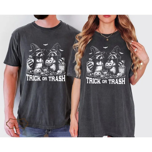 Trick or Trash Raccoon T-Shirt - Funny Halloween Graphic Tee - Cute Witch Raccoons Shirt Cotton Menswear Polyester Top