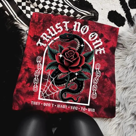 'Trust No One, They Don't Want You To Win' Red & Black Tie Dye Crewneck Sweatshirt, T Shirt, or Hoodie Pullover | Punk Rocker, Alt, Grunge, Goth