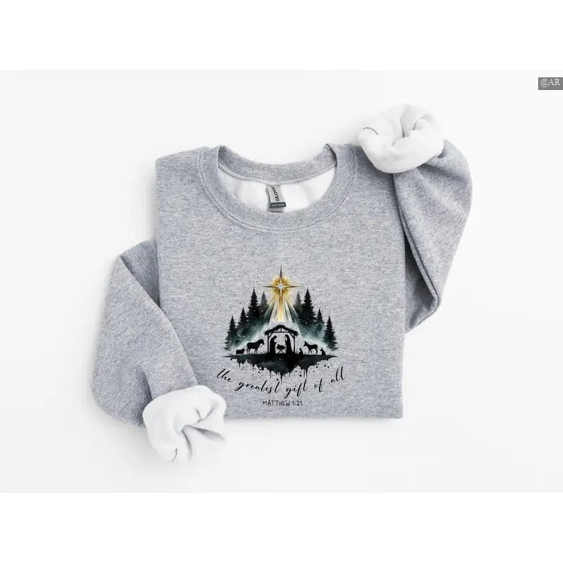 Greatest Gift of all, Nativity Sweatshirt/Hoodie/Tshirt, Christian Christmas Sweatshirt, Retro Crewneck, Gift For Lovers, Cotton, Trendy Womenswear Top