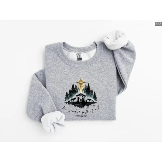 Greatest Gift of all, Nativity Sweatshirt/Hoodie/Tshirt, Christian Christmas Sweatshirt, Retro Crewneck, Gift For Lovers, Cotton, Trendy Womenswear Top