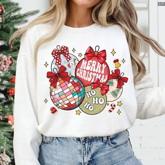 Retro Christmas Ornaments Sweatshirt/Hoodie/Tshirt, Christmas Coquette Bow, Retro Crewneck, Gift For Lovers, Cotton, Trendy Womenswear Top