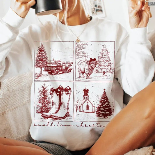 Vintage Small Town Christmas Sweatshirt/Hoodie/Tshirt, Cowgirl Tee, Small Town Girl Christmas, Retro Crewneck, Gift For Lovers, Cotton, Trendy Womenswear Top