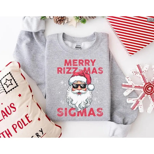 Merry Rizzmas Sigmas Sweatshirt/Hoodie/Tshirt, Gen Alpha Xmas Gift, Funny Santa Claus Sweater, Retro Crewneck, Gift For Lovers, Cotton, Trendy Womenswear Top