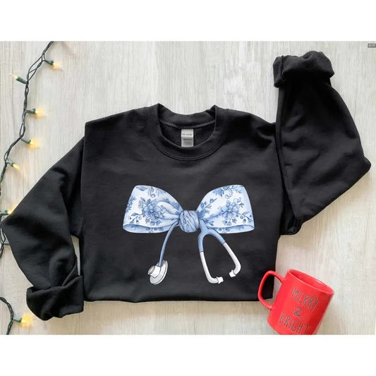 Nurse Coquette Toile bow Sweatshirt/Hoodie/Tshirt, Retro Nurse Shirts, Retro Crewneck, Gift For Lovers, Cotton, Trendy Womenswear Top