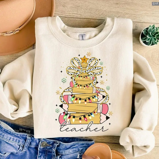 Christmas Pencil Tree Teacher Sweatshirt/Hoodie/Tshirt, Teacher Coquette Bow, Retro Crewneck, Gift For Lovers, Cotton, Trendy Womenswear Top
