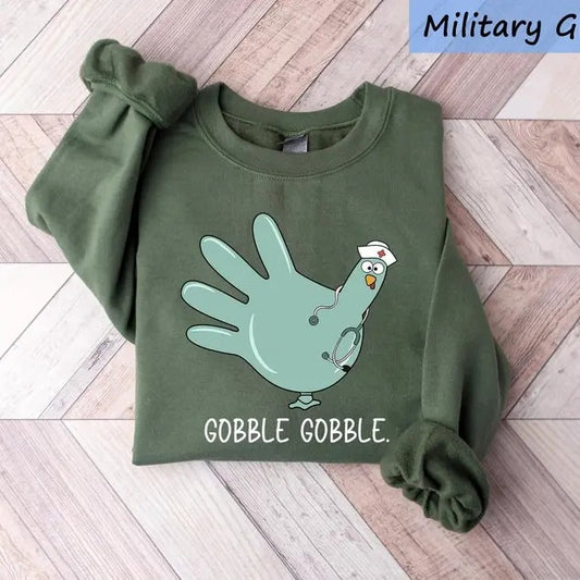 Turkey Glove Nurse Thanksgiving Sweatshirt, Gobble Gobble Nurse Turkey Sweater, Thanksgiving Nurse Shirt, Funny Nurse Thanksgiving Crewneck
