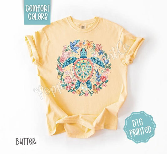 Turtle Comfort Colors Shirt, Cute Beach Tshirt, Trendy Summer Floral Tee, Gift for Her