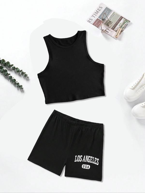 Two-Piece Set Women's Letter Print Crop Tank Top & Elastic Waist Shorts Set, Casual Sleeveless Round Neck Top & Shorts for Summer, Ladies Clothes for Daily Wear