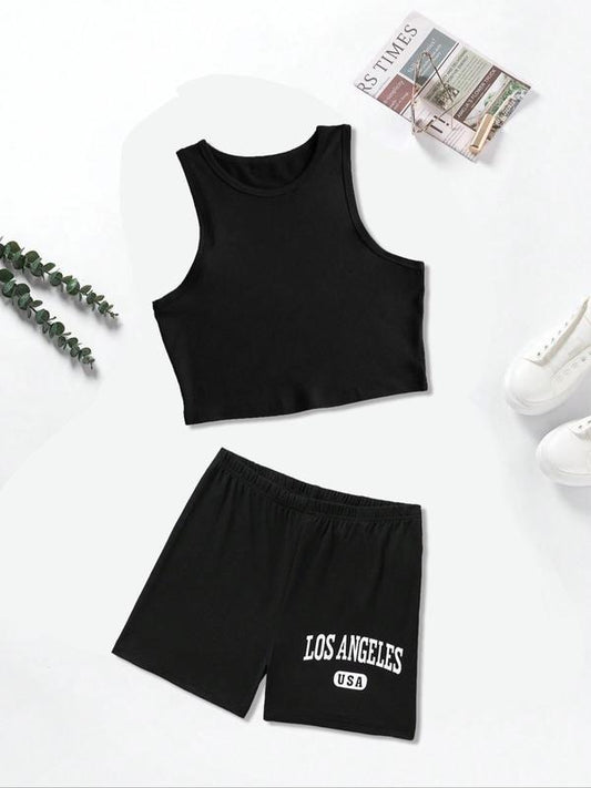 Two-Piece Set Women's Letter Print Crop Tank Top & Elastic Waist Shorts Set, Casual Sleeveless Round Neck Top & Shorts for Summer, Ladies Clothes for Daily Wear