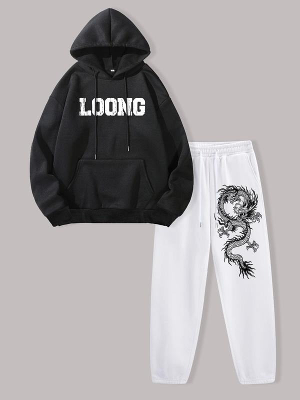 Two-piece Set Men's Letter Print Pocket Thermal Lined Hoodie & Dragon Print Drawstring Waist Sweatpants, Regular Fit Fashion Casual Cozy Breathable Outfits for Daily Outdoor Wear, Men Clothes for Fall & Winter