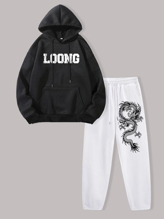 Two-piece Set Men's Letter Print Pocket Thermal Lined Hoodie & Dragon Print Drawstring Waist Sweatpants, Regular Fit Fashion Casual Cozy Breathable Outfits for Daily Outdoor Wear, Men Clothes for Fall & Winter