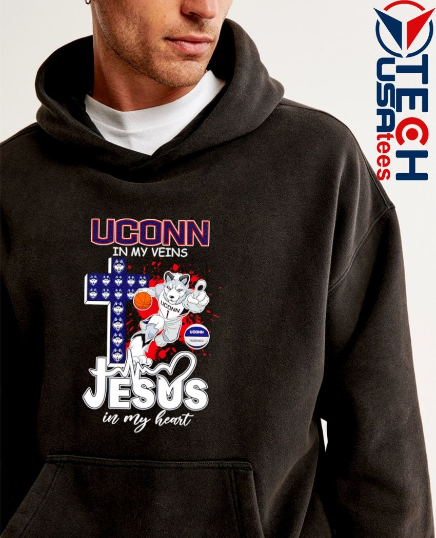 UConn Huskies in my veins Jesus in my heart cross mascot shirt