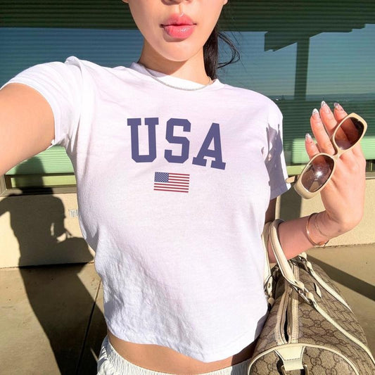 USA Baby Tee Women, American Crop Top Y2K Fourth of July Baby Tee, Summer Outfit Tshirt, USA Flag Shirt, Retro 90s Baby Tee Memorial Day top