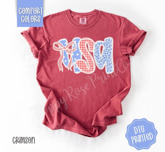 USA Bow Shirt Comfort Colors, July 4th TShirt, Trendy Patriotic Tee, Gift for Her