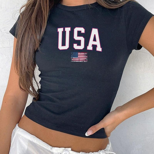 USA Coquette Flag Baby Tee, Distressed 4th Of July Crop Top, Retro USA, Y2k Usa Flag Tee, Patriotic 4th Of July Flag Shirt, Merica Shirt