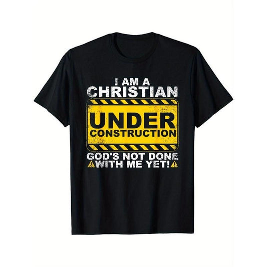 Under Construction Letters Print Men's Crew Neck Short Sleeve Tee Fashion T-Shirt, Casual Comfy Breathable Top For Spring Summer Holiday Leisure Vacation Made in USA