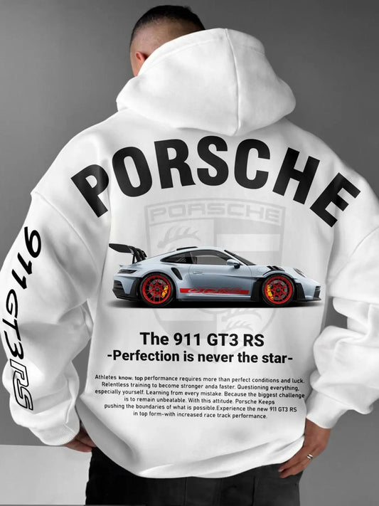 Unisex Car Graphic Print Drop Shoulder Hoodie, Fashion Casual Regular Fit Drawstring Pocket Hooded Sweatshirt for Daily Holiday Outdoor Wear, Men Clothes for Fall & Winter