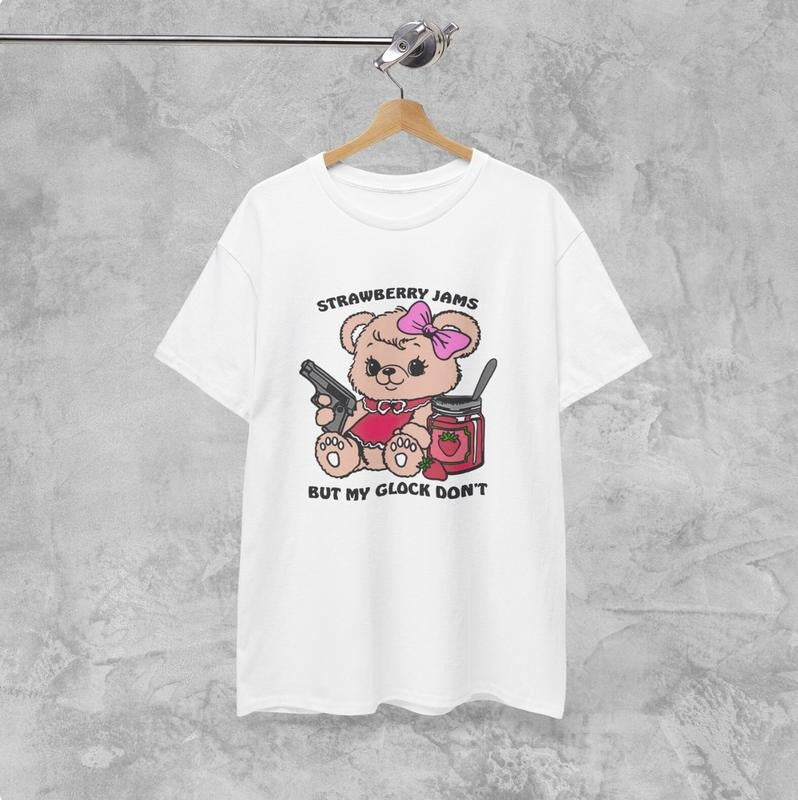 Unisex Heavy Cotton Tee, Strawberry Jams But My Glock Don't Funny Meme Bear T Shirt Menswear Top