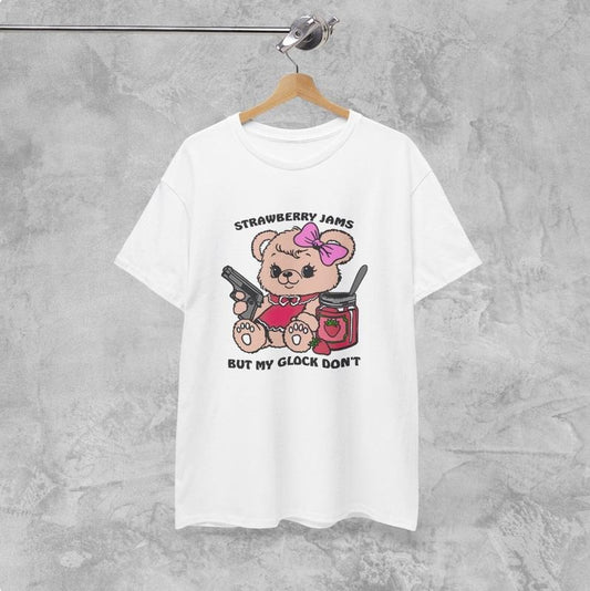 Unisex Heavy Cotton Tee, Strawberry Jams But My Glock Don't Funny Meme Bear T Shirt Menswear Top
