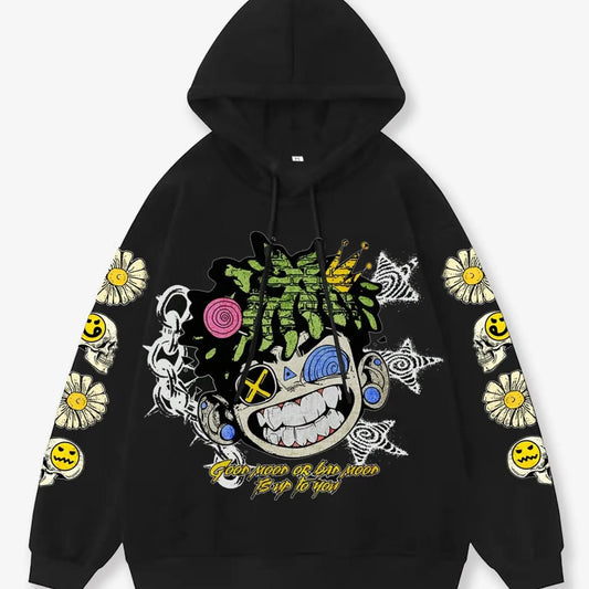 Unisex Men's Cartoon Smile Face Print Drawstring Hoodie, Regular Fit Casual Long Sleeve Hooded Sweatshirt, Men Clothes for Fall & Winter Daily Wear