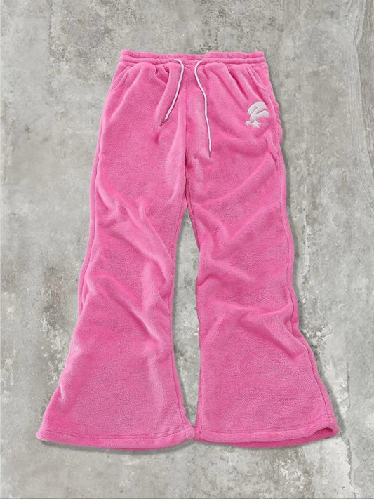 Unisex Solid Color Letter Embroidery Drawstring Waist Fuzzy Sweatpants, Thermal Warm Casual Comfy Pocket Design Flare Leg Trousers for Daily Wear, Unisex Bottoms for All Seasons, Baggy Jogging Pants