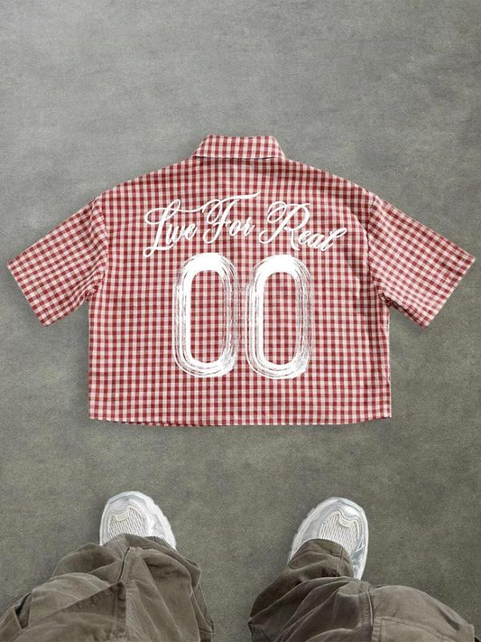 Unisex's Casual Checkered Graffiti Gothic Print Box-Fit Cropped Button-Up Shirt Men's Cropped Tops, Streetwear