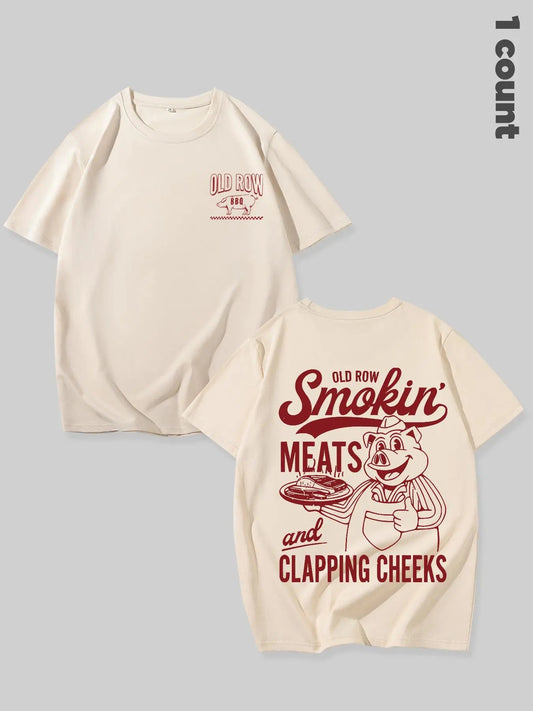 Unisex's Old Row Smokin' Meats and Clapping Cheeks Funny T-shirt, Regular Fit Casual Comfy Short Sleeve Round Neck T-shirt for Daily Wear, Unisex Top for BBQ Lovers