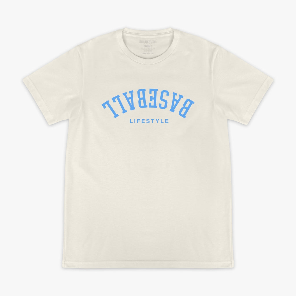 Upside Down Baseball Tee - Cream/Light Blue Hoodie, Sweatshirt | CoreVibeTees.com (Image 1)