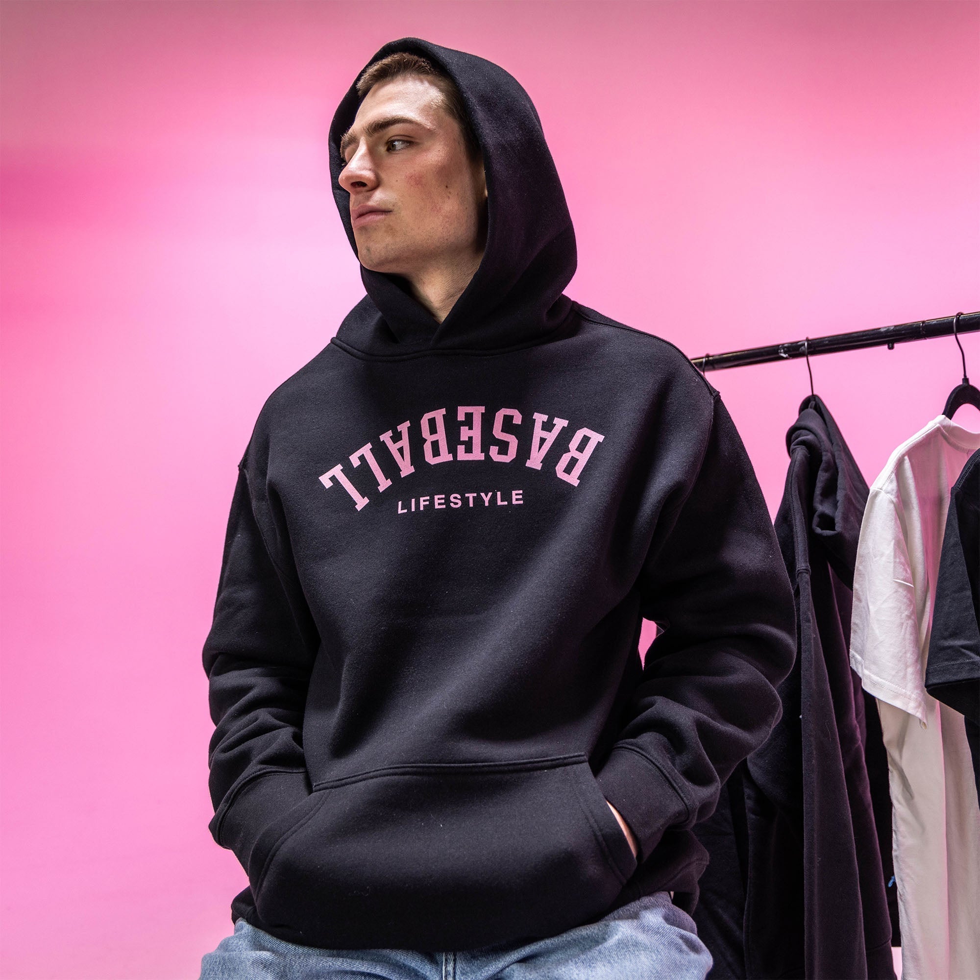 Upside Down Baseball Hoodie - Black/Pink T-Shirts, Sweatshirt | CoreVibeTees.com (Image 3)