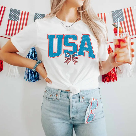Usa Flag Bow Shirt Summer Bbq T-shirt Women's 4th Of July Tshirt Red White And Blue America Tee Patriotic Family Shirts Independent Day  sweater and hoodie