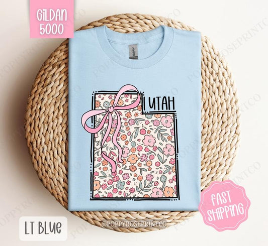 Utah Floral Bow Gildan T-shirt, Cute Trendy Tee, State Coquette Oversized Top