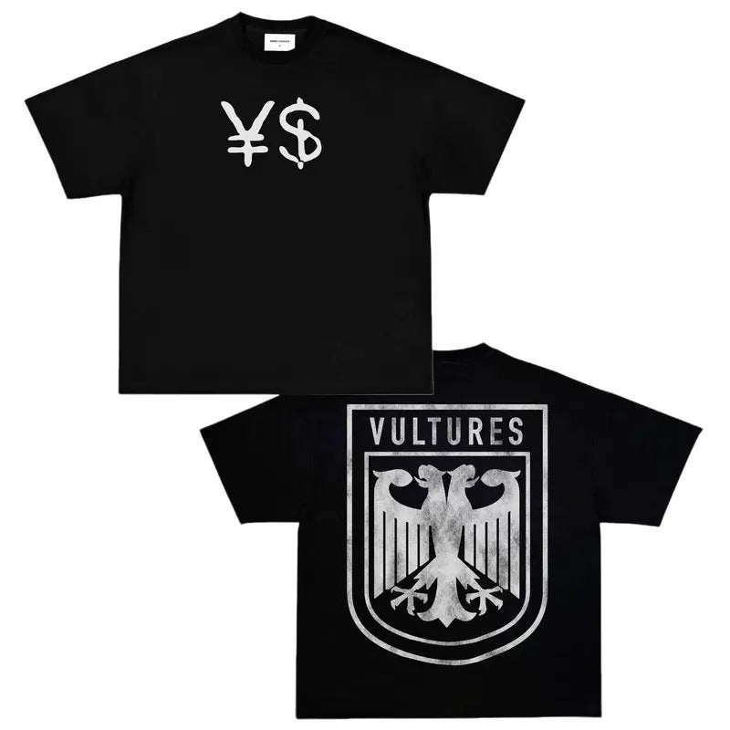 VULTURES LOGO Kayne West Vintage Streetwear Crewneck Tshirt Menswear Top Underwear Tropical Shortsleeve Round Neck