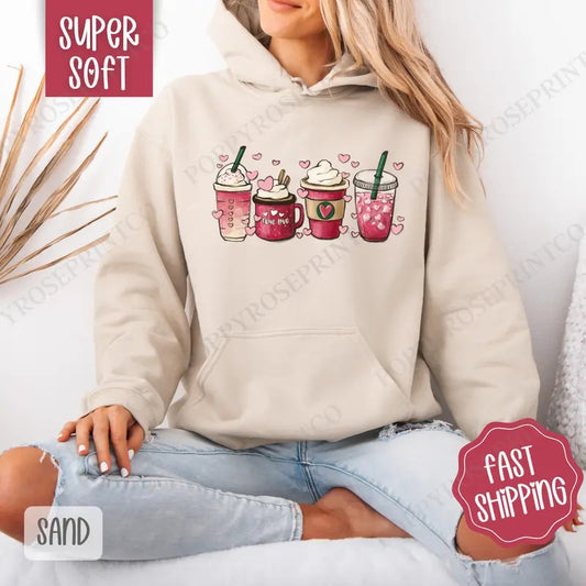 Valentine Coffee Hoodie, Coffee Lover Women's Crewneck, Trendy Women's Hooded Sweater