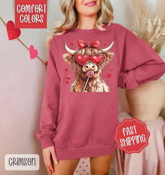 Valentine Cow Comfort Colors Sweatshirt, Valentine's Day Women's Crewneck, Cute Women's Sweater