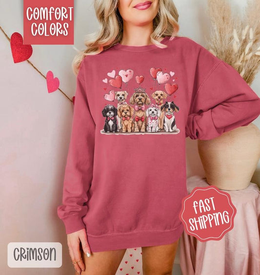 Valentine Dogs Comfort Colors Sweatshirt, Valentine's Day Women's Crewneck, Cute Women's Sweater