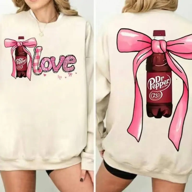 Valentine Dr Pepper Shirt, Trendy Dr Pepper Pink Bow Shirt, Loose Fit, 50% Cotton 50% Polyester - Fabric
