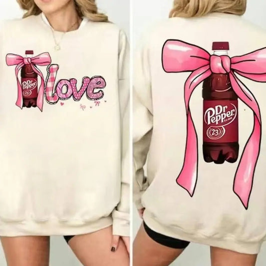 Valentine Dr Pepper Shirt, Trendy Dr Pepper Pink Bow Shirt, Loose Fit, 50% Cotton 50% Polyester - Fabric
