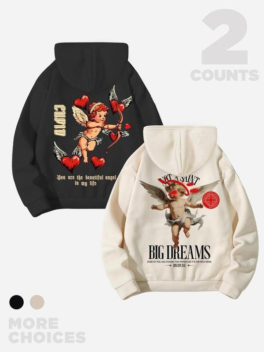 Valentine's Day Men's Cartoon Cupid & Letter Print Drop Shoulder Hoodie, Fashion Casual Regular Fit Drawstring Pocket Hooded Sweatshirt for Daily Holiday Outdoor Wear, Gift for Him, Men Clothes for Fall & Winter