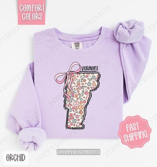Vermont Floral Bow Comfort Colors Sweatshirt, Cute Trendy State Coquette Pullover