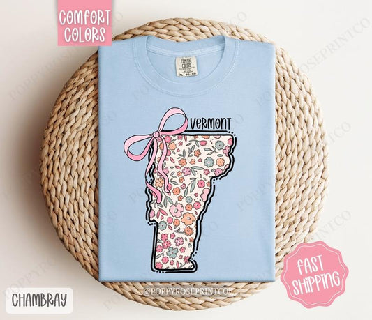 Vermont Floral Bow Comfort Colors T-shirt, Cute Trendy Tee, State Coquette Oversized Top